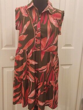Time And Tru Women's Olive Green and Coral Leaf Print Tiered Shirt Dress